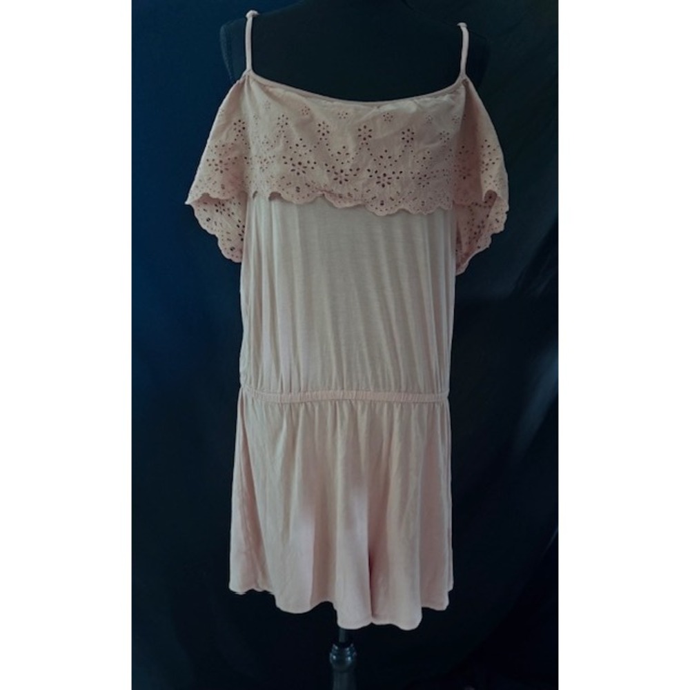 Wishful Park Womens XL Pink Eyelet Lace Ruffle Romper Cold Shoulder Boho Summer - Picture 3 of 4